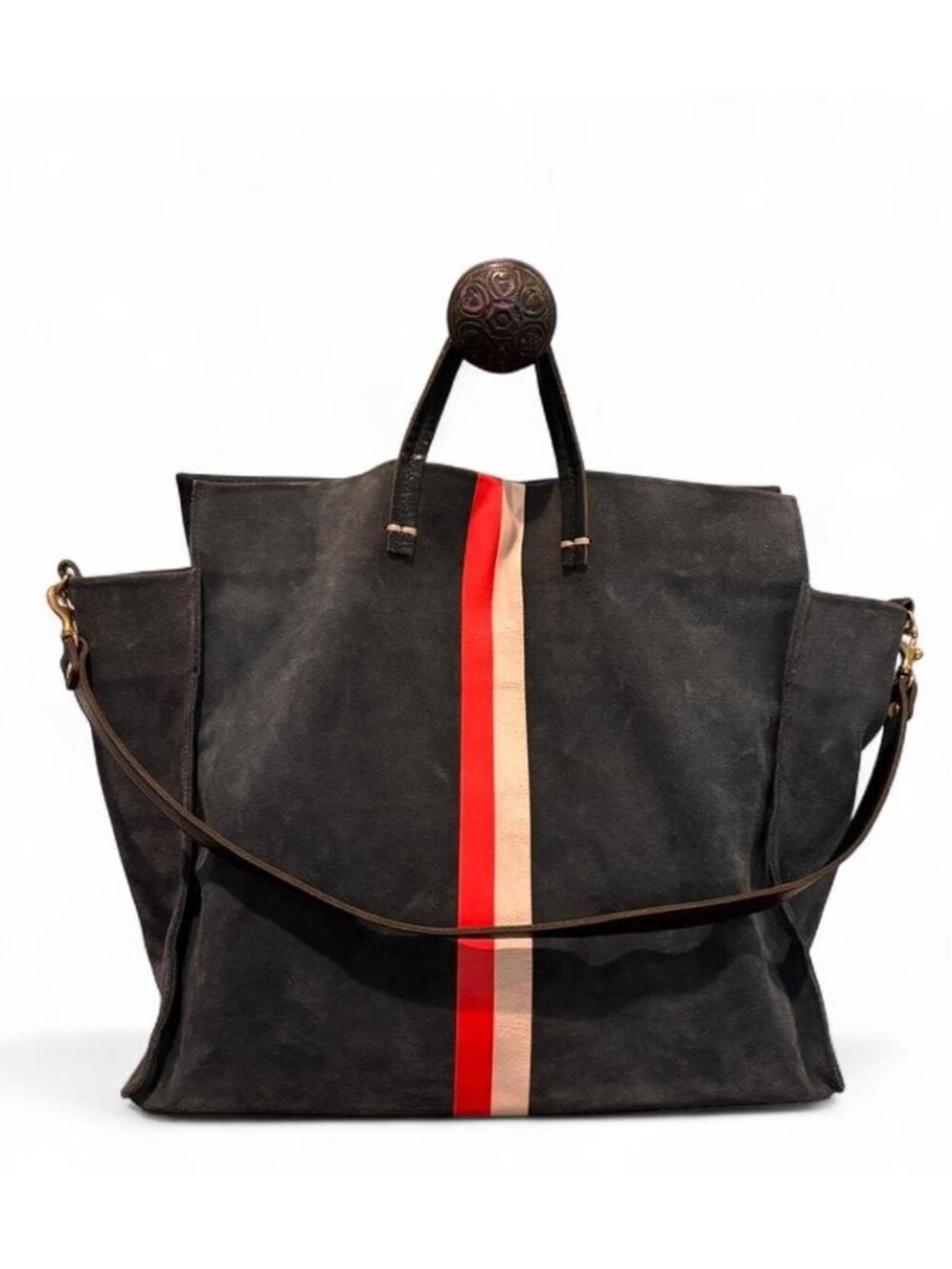 Clare V. Large Simple Tote — Marine Suede w/ Stripe Detail + Shoulder Strap